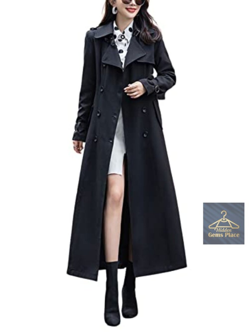 Women's Maxi Trench Coat Double Breasted Long Sleeve Windproof Office Overcoat